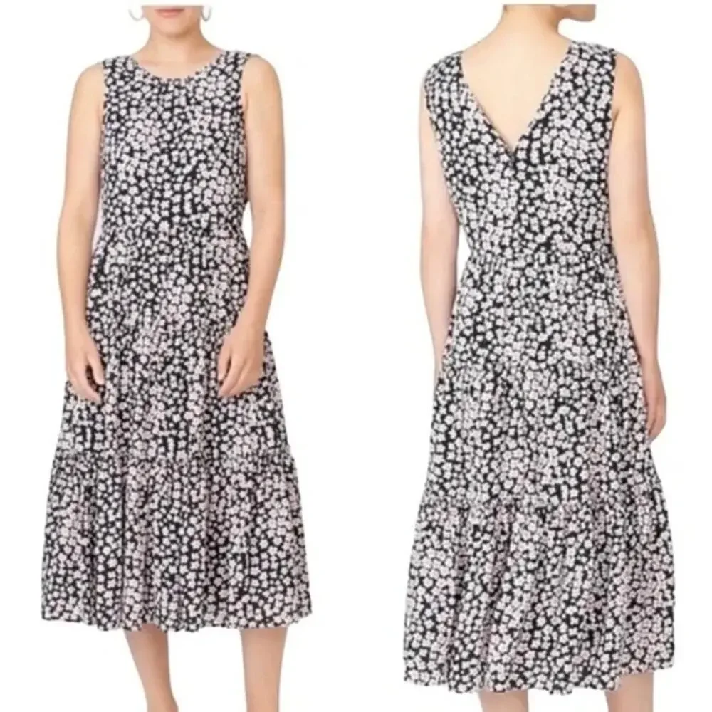 J Crew Poppy Garden Floral Tiered Midi Dress S Black Cottagecore A-line Ditsy
